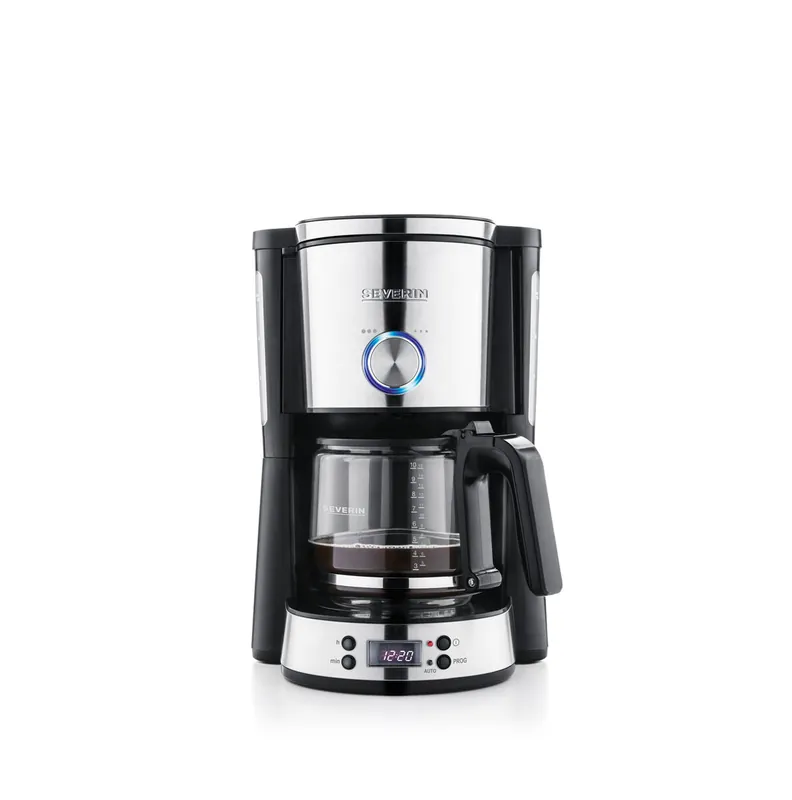 SEVERIN - Cafetera de goteo para 10 tazas, Cafetera de filtro / Cafetera americana con jarra de cristal, pantalla LED con temporizador, Acero inoxidable cepillado / Negro, KA 4826