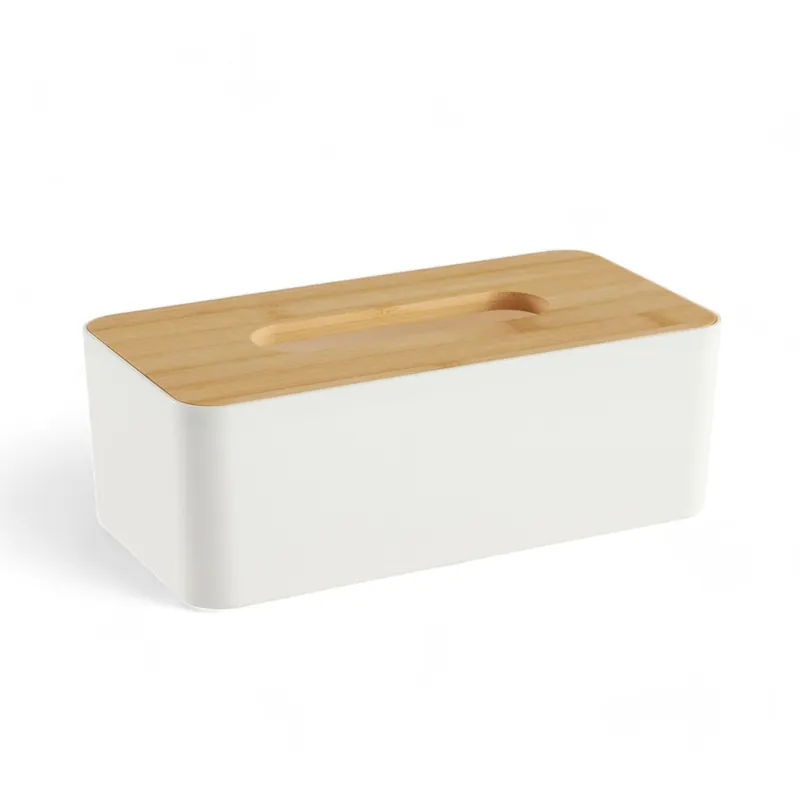 Caja PAÑUELOS de plástico con tapa de bambú blanco 9x13x25cm - Baño