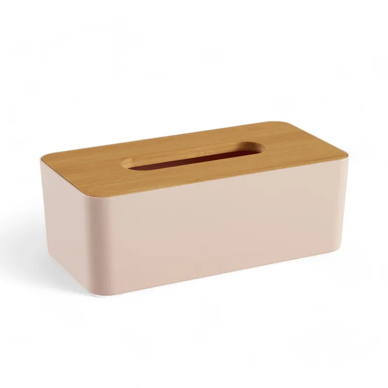 Caja PAÑUELOS de plástico con tapa de bambú rosa 9x13x25cm - Baño