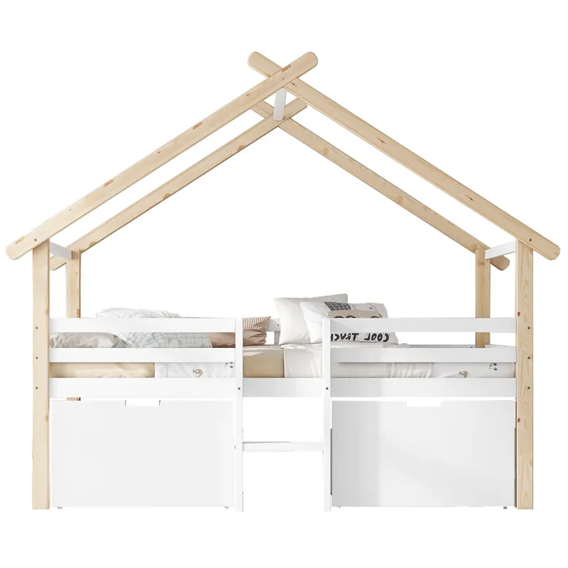 Cama alta cabaña infantil,cama individual de madera de pino y mdf 90x200cm con 2 cajónes,escalera y protección contra caídas,blanco - Descanso