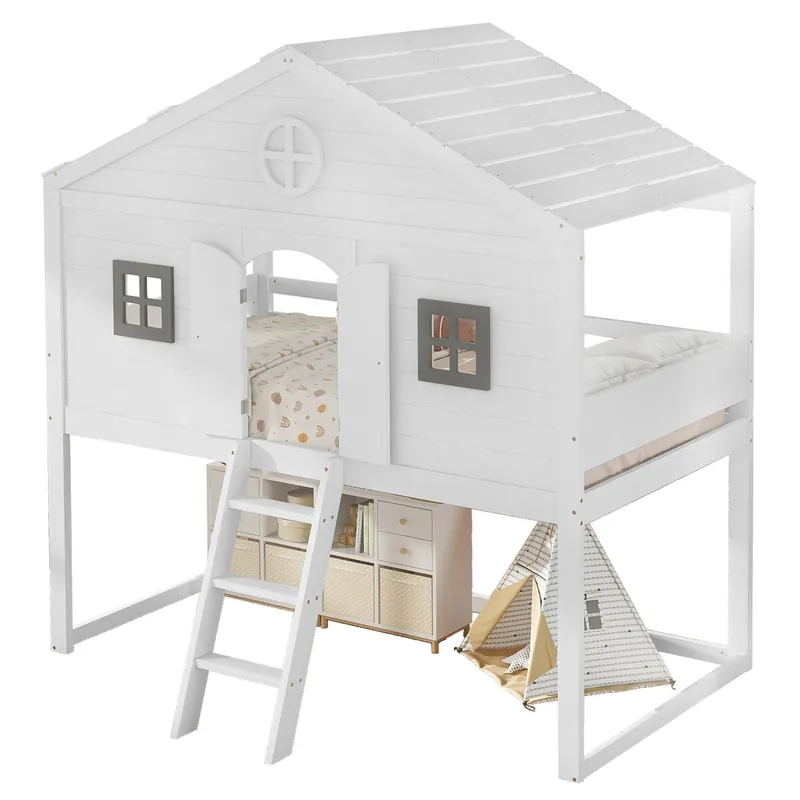 Cama alta cabaña infantil,cama individual de madera de pino y mdf 90x200cm con ventanas,escalera y protección contra caídas,blanco - Descanso
