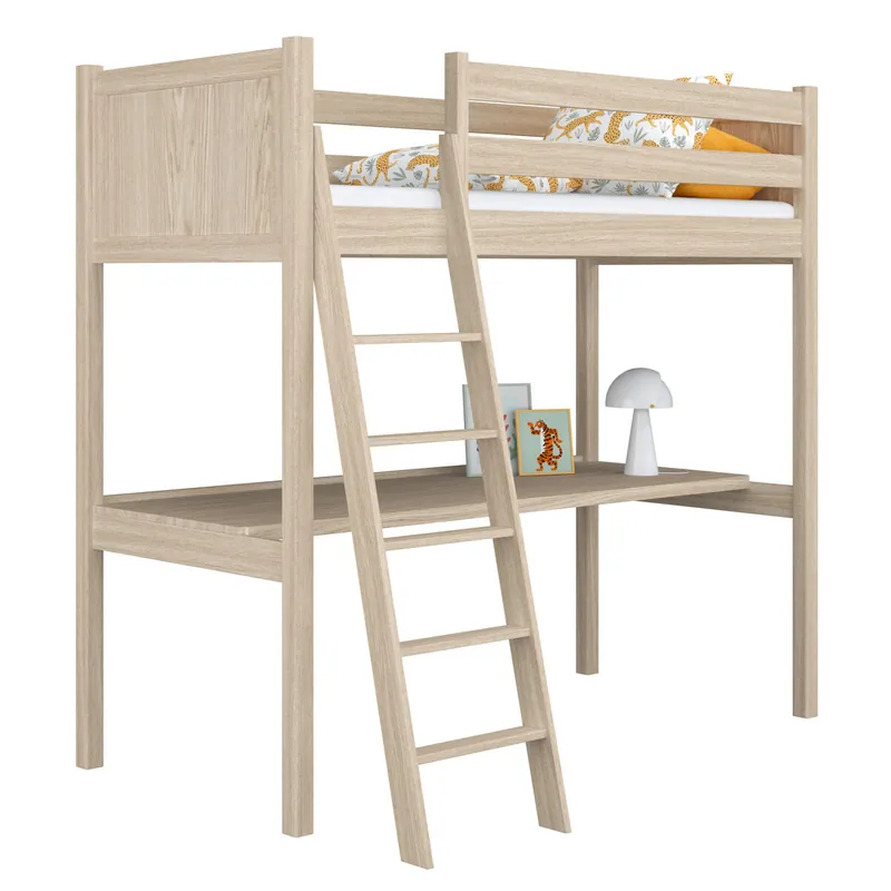 Cama alta de roble con escritorio N04 roble blanqueado - Bebé