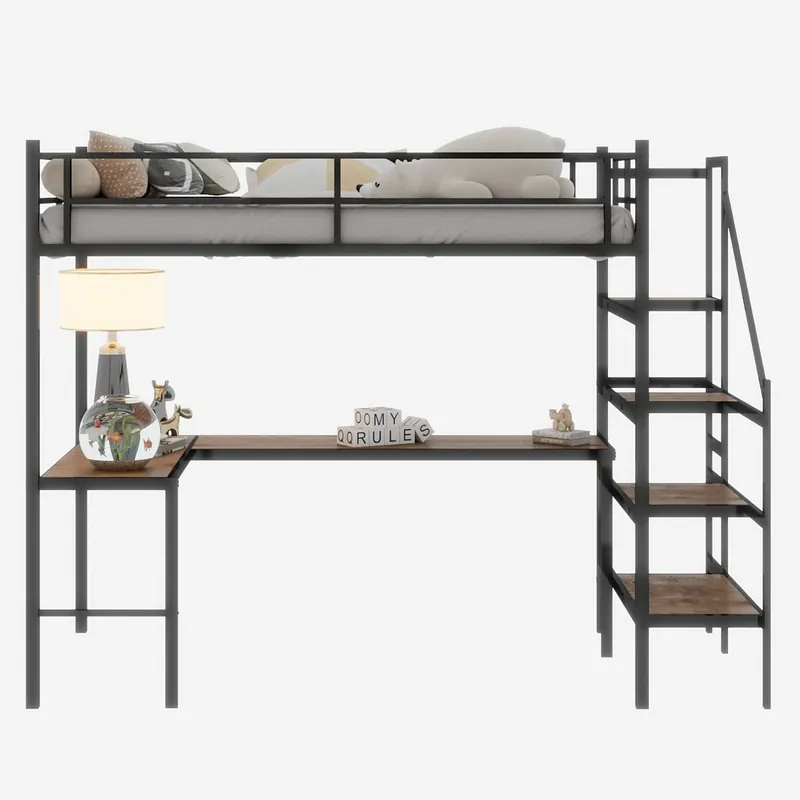 Cama alta con escritorio en L - gran almacenamiento, estante, marco resistente, negro