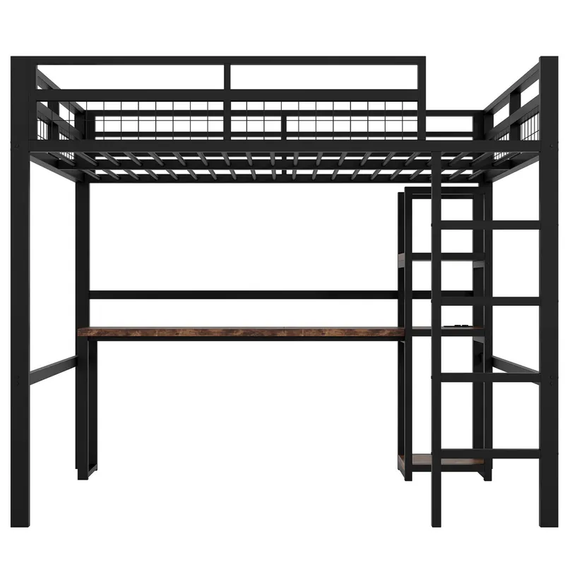 Cama alta 140x200cm - Estructura de metal, varios estantes, escritorio con enchufe y USB tipo C, barandilla, escalera - Blanco