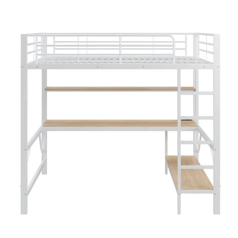 Cama alta 140 x 200 cm - con barandilla, escalera, puerto USB y enchufe, luces LED, escritorio y estantería multinivel, sin colchón, metal - blanco