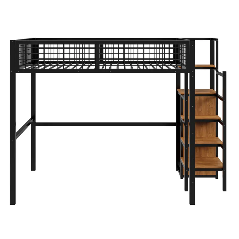 Cama alta 140*200 - con escalera, cama infantil con estructura metálica y estante de almacenamiento - Blanco