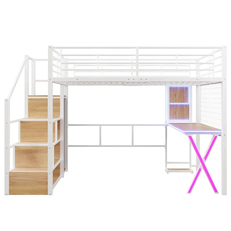 Cama alta 140x200 cm - Con LED, escalera de almacenamiento, escritorio, armario, estantes - Blanco