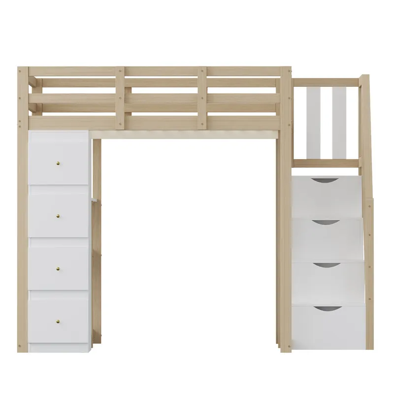 Cama alta 140 x 200 cm - madera maciza multifuncional con cajones, cómoda con estantes y escalera segura - blanco