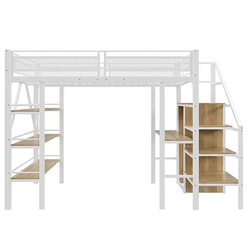 Cama alta 140*200 cm - Estante de tres niveles, escritorio, armario, escalera de seguridad con compartimento, diseño de cercado alto - Blanco