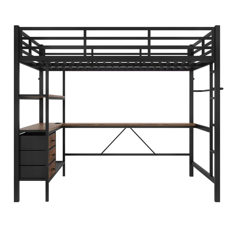 Cama alta 140*200cm - Con luces LED, escritorio, toma de corriente + USB, 3 cajones, estantes, barandilla, escalera - Blanco