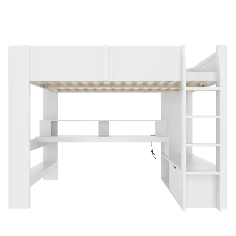 Cama alta 140x200 cm - Cama gaming con escritorio, LED, cajón, estantes, sin colchón - Blanco