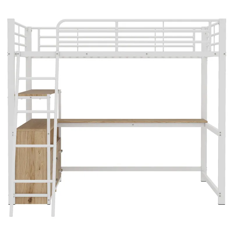 Cama alta 140x200cm - escritorio esquinero con cajones - en MDF y metal - Blanco