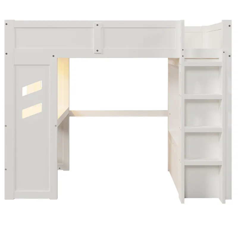 Cama alta 90x200 cm - Gaming con escritorio, LED, 1 USB, 1 tipo C, con estante, blanco
