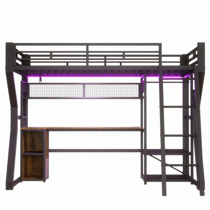 Cama alta 90x200 cm - estructura de hierro con tira de luz LED, enchufe integrado, zona de colgar ropa, escritorio, estantes y espacio de almacenamiento, espacio abierto inferior - blanco