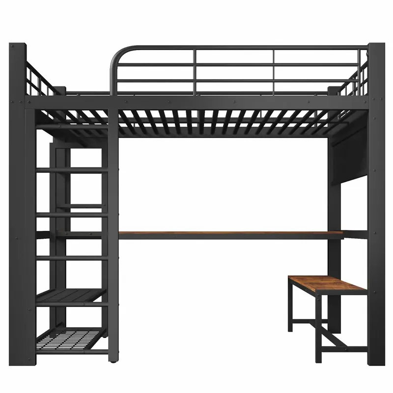 Cama alta 140×200 cm - Estructura metálica, con rejilla para colgar objetos, tira de LED, escaleras con almacenamiento, sin colchón - Blanco