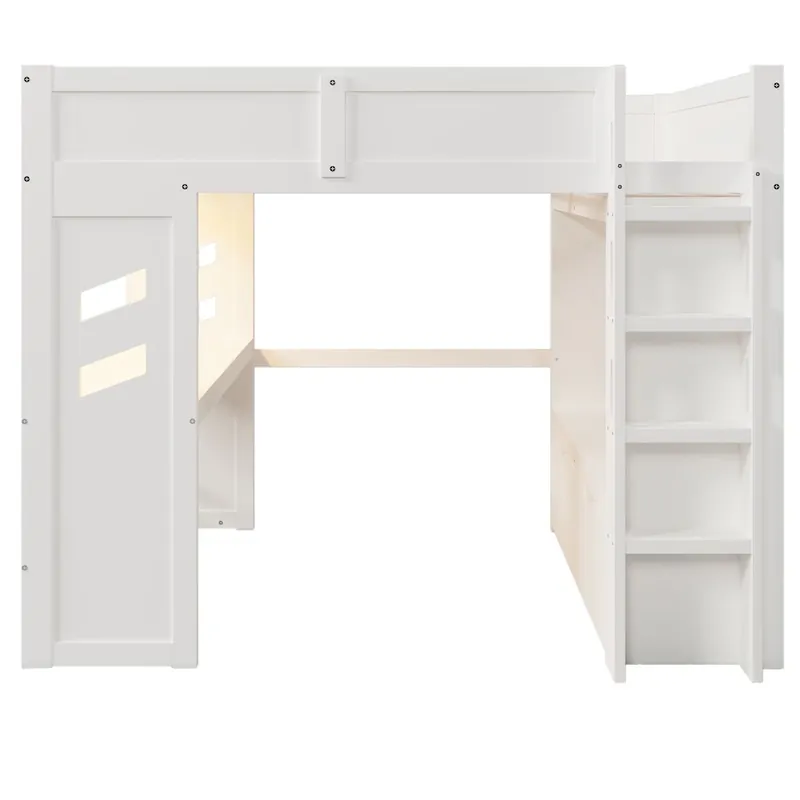 Cama alta 140x200 cm - Con escritorio, LED, 1 USB, 1 Type-C, estante, sin colchón - Blanco