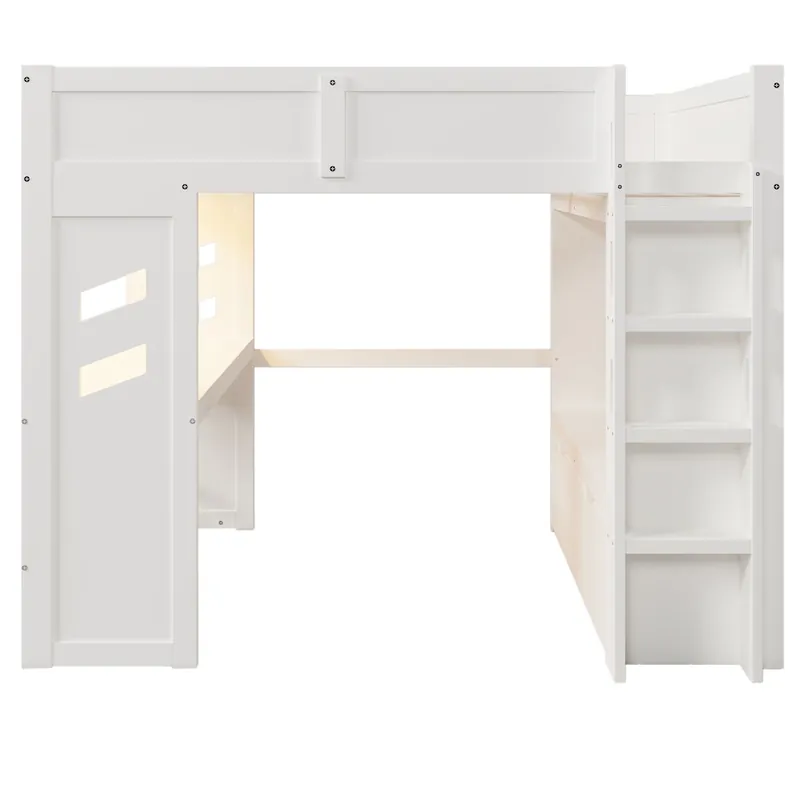 Cama alta 140x200 cm - Con escritorio, LED, 1 USB, 1 Type-C, estante, sin colchón - Blanco