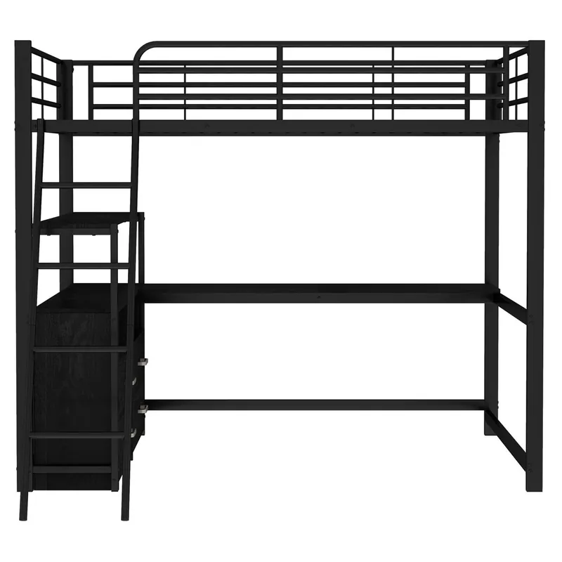 Cama alta 140x200cm - escritorio esquinero con cajones - en MDF y metal - Blanco