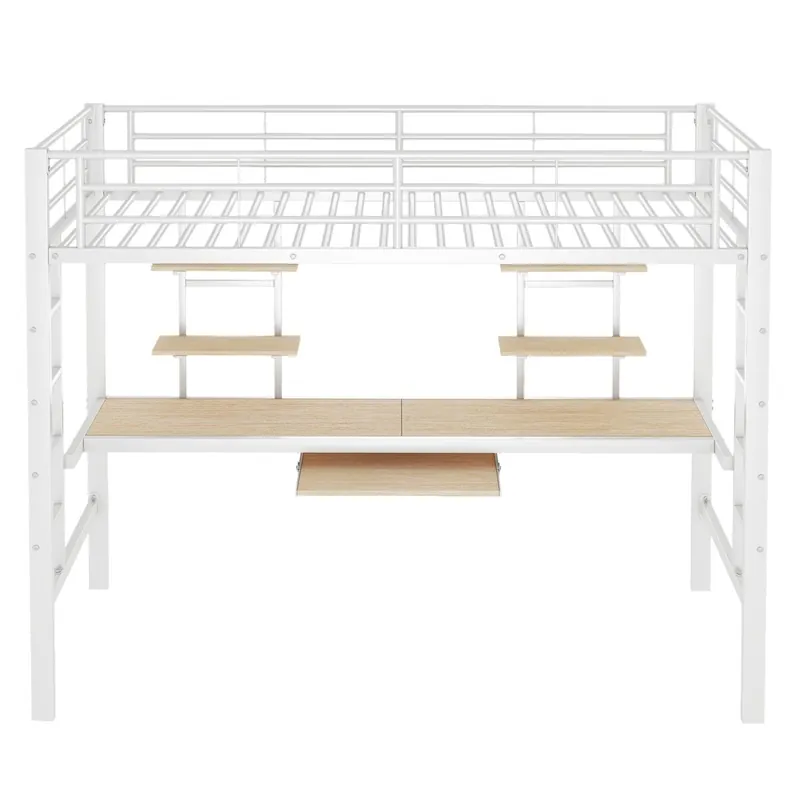 Cama alta 90x200 cm - Metal con escritorio y 2 estanterías para niños y adultos - Blanco