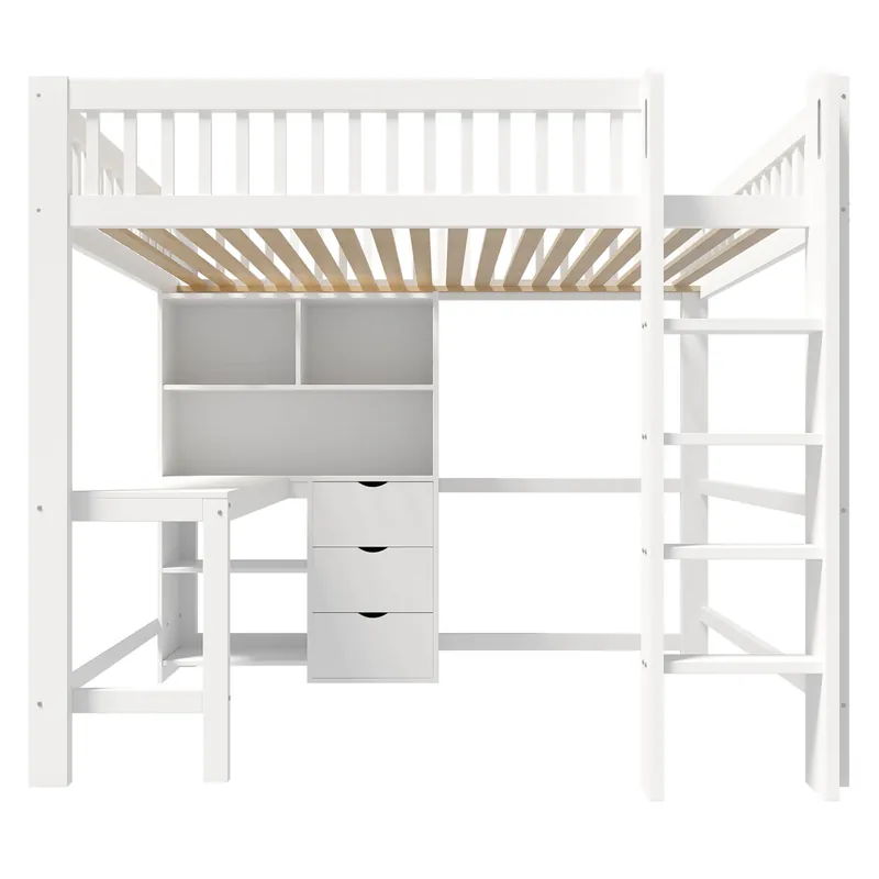 Cama alta 140x200 cm - Estante, escalera, escritorio, 3 cajones - Blanco