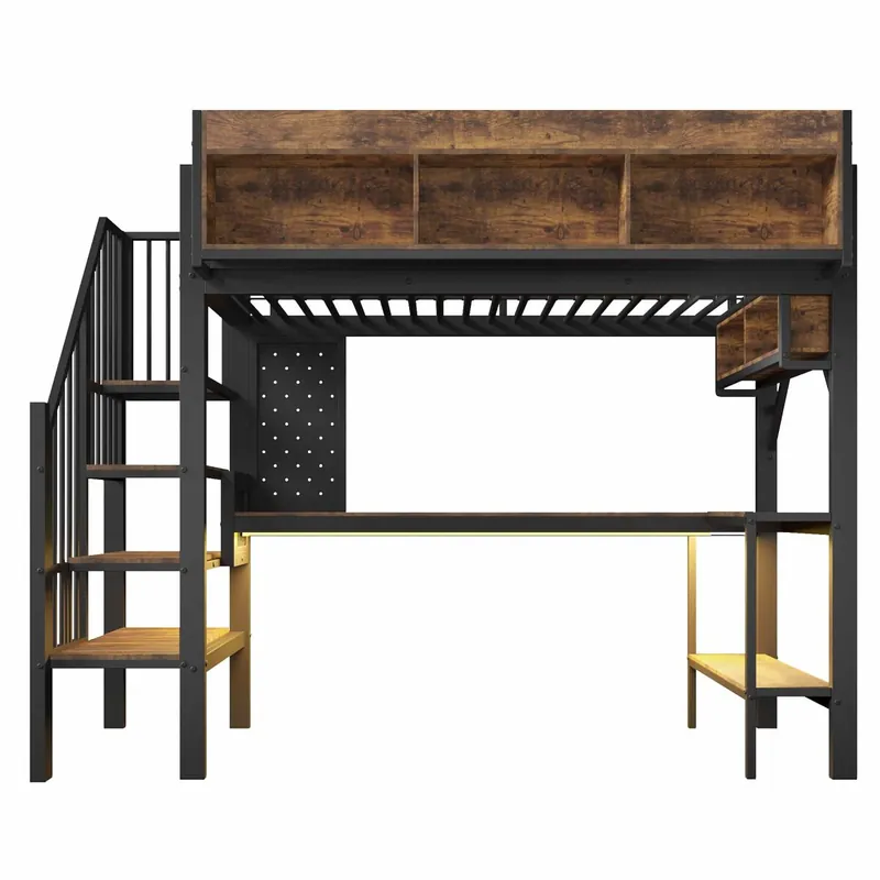Cama alta 90x200 cm - estilo vintage, escritorio en esquina, almacenamiento, panel perforado, enchufe USB Tipo-C, iluminación LED, infantil EN747 - Negro + Vintage