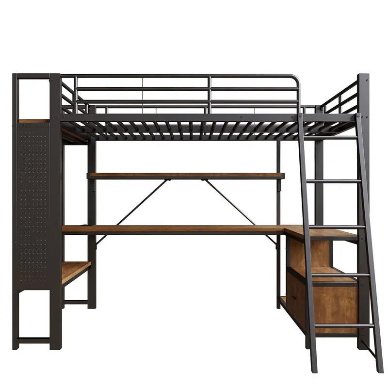 Cama alta 90x200 cm - Estructura de hierro, LED, escritorio, almacenamiento, USB - Blanco