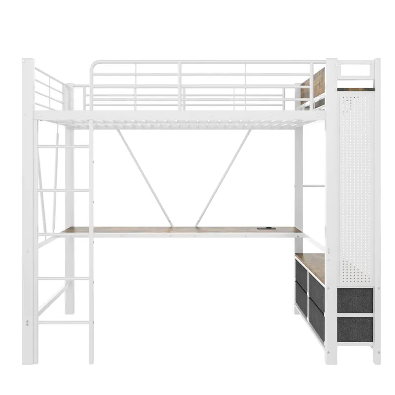 Cama alta 90x200 cm - hierro, escritorio, barra, estantes, 4 cajones, USB+Type-C, LED, barandilla, escalera, tablero perforado - blanco