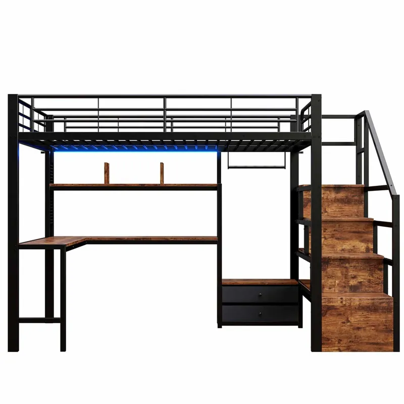 Cama alta 140x200 cm - estructura de hierro, 2 cajones, rejilla para colgar objetos, tira de luz LED, escritorio, escalera con almacenamiento, sin colchón - blanco