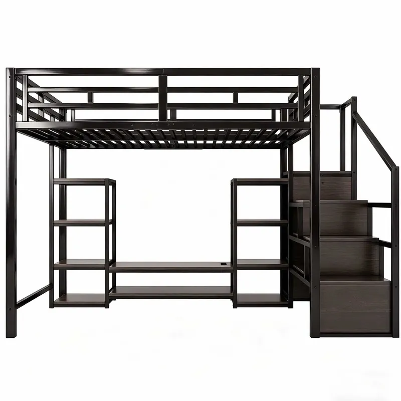 Cama Alta 140x200 - Con soporte para TV, toma de corriente y escalera de seguridad, combinación metálica y madera, moderna y ahorradora de espacio, cama infantil con almacenamiento práctico - Blanca