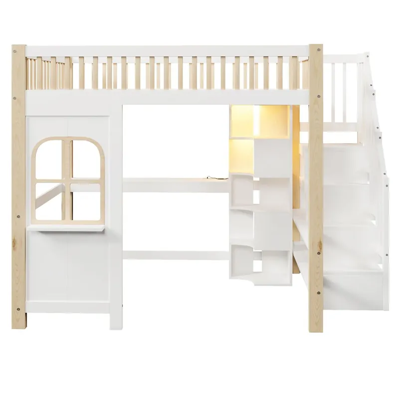 Cama alta 140x200 cm - Con luces LED, forma de ventana, escritorio, estante y toma de corriente - Blanco+Natural