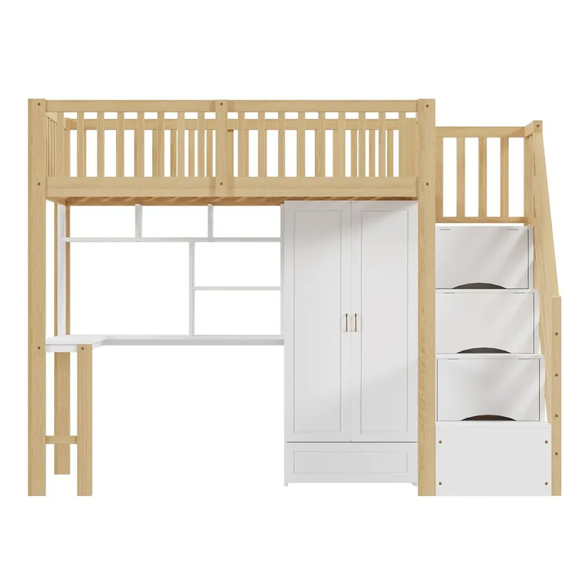 Cama alta 90x200 - Con armario, estantería, mesa y escalera, estructura de madera, blanca