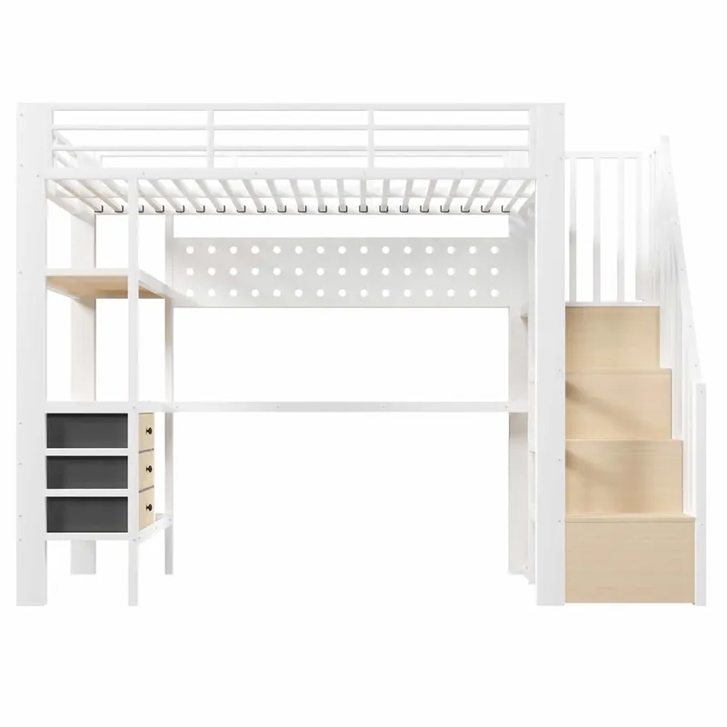 Cama alta 90x200 cm - cama metálica con estante, cajón, panel perforado, escritorio, enchufe y luz LED, sin colchón - blanco