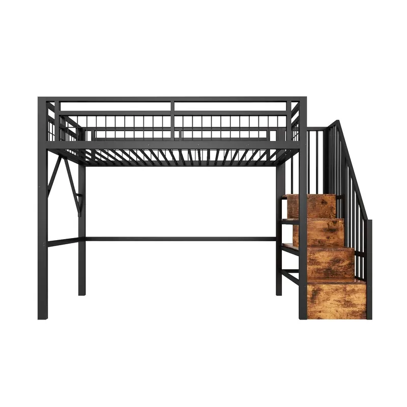 Cama alta 90x200 cm - Marco de hierro, LED, escalera con almacenamiento, espacio libre - Negro