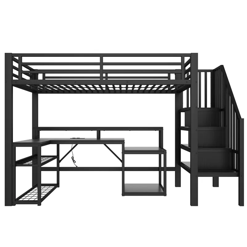 Cama alta 90x200 cm - Marco de hierro, escritorio, escalera con almacenamiento, LED, USB - Negro