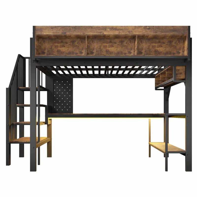 Cama alta 140x200 cm - escritorio en esquina, almacenamiento, panel perforado, enchufe USB-C y LED, EN747 (sin colchón) - Negro + Vintage