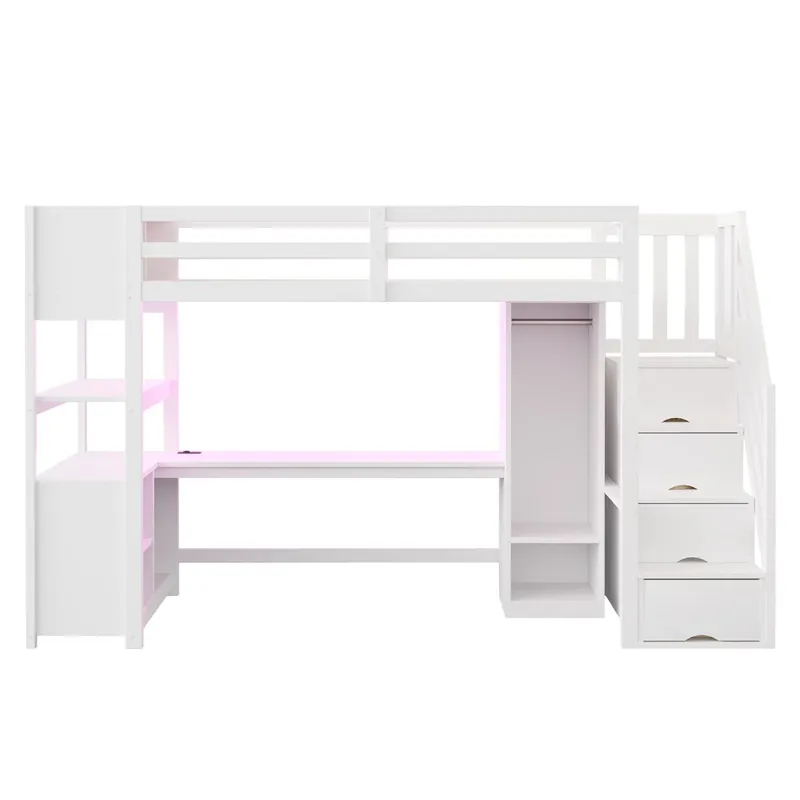 Cama alta 90x200 - armario, escritorio, escalera con almacenaje, LED y enchufes - blanca