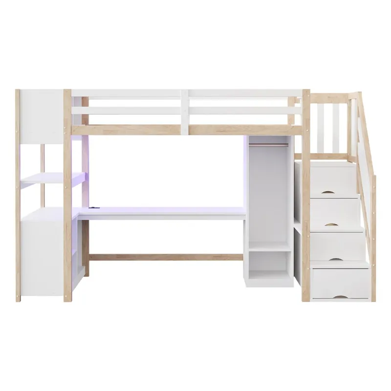Cama alta 90x200 - armario, escritorio, escalera con almacenaje, LED y enchufes - blanca