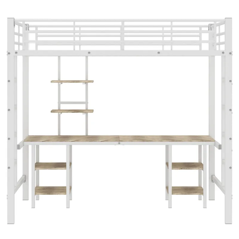 Cama alta 90x200 cm - con escritorio y estantes - estructura de hierro - Blanco