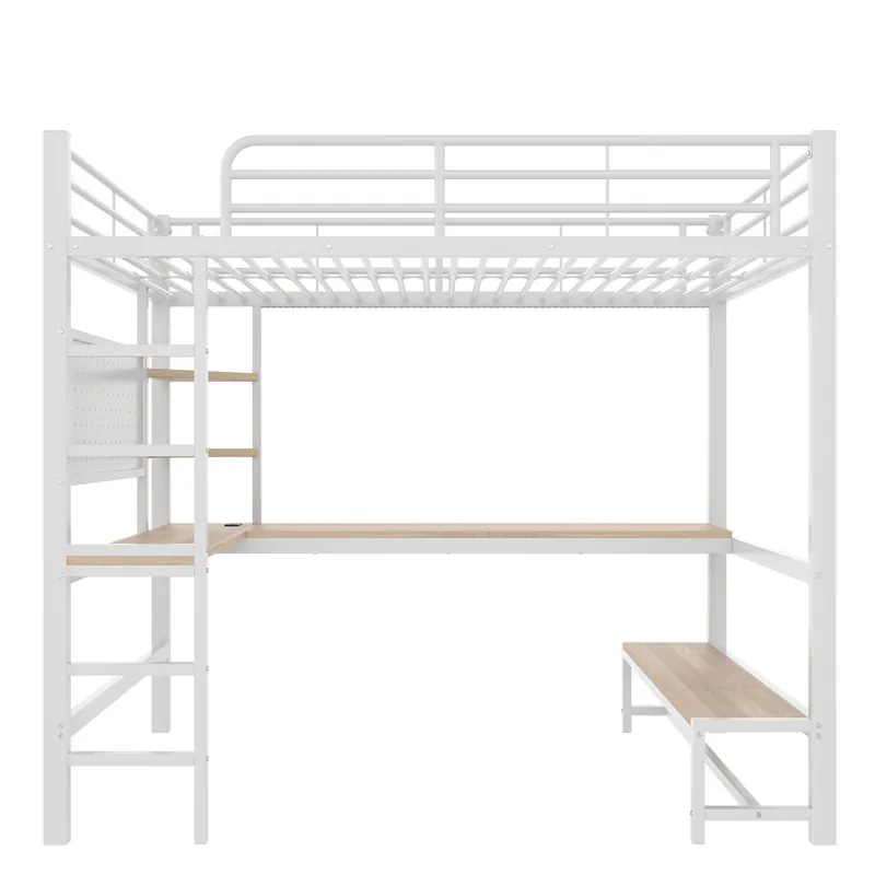 Cama alta 90x200cm - Estructura de metal, escritorio, barandilla, escalera, estantes, con enchufe usb+type-c, tira LED, con panel perforado, sin colchón - Blanco