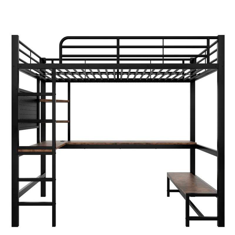 Cama alta 90x200cm - Estructura de metal, escritorio, barandilla, escalera, estantes, con enchufe usb+type-c, tira LED, con panel perforado, sin colchón - Blanco