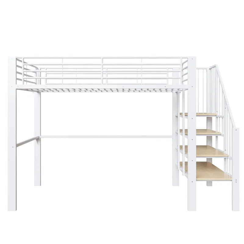 Cama alta 90x200 - Estructura metálica, gran almacenamiento, escalera, ideal niños y adultos - Blanco
