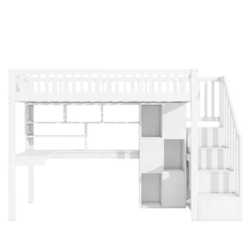 Cama alta 90x200 cm - Con luces LED, estanterías, escritorio, sin colchón - Blanco