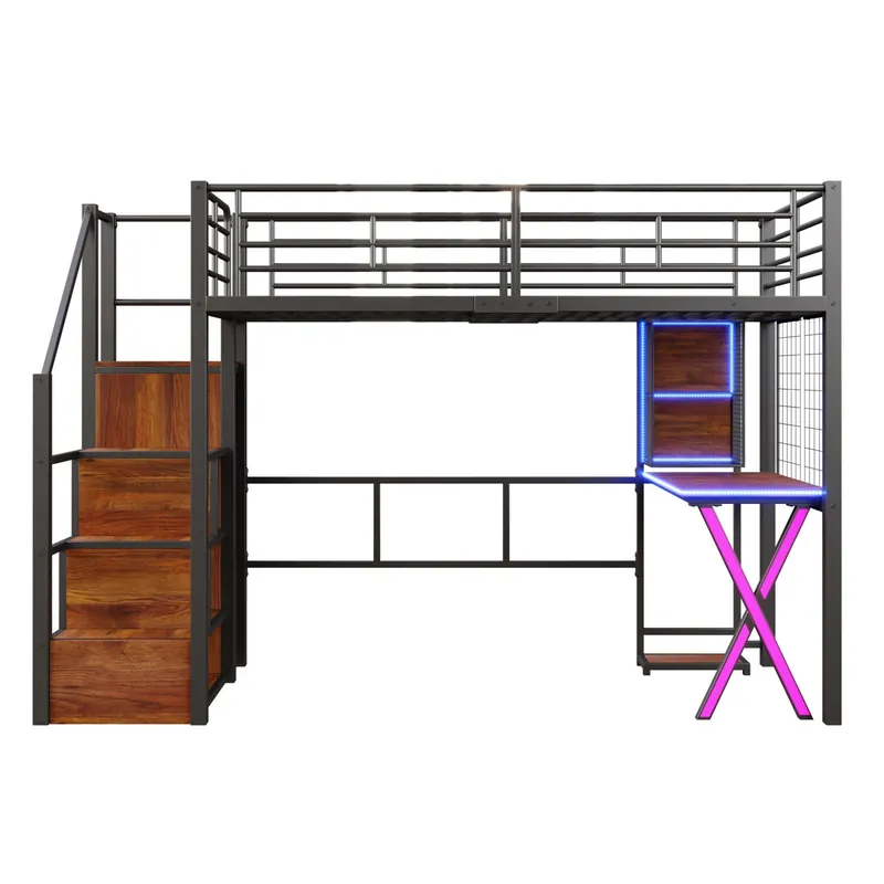 Cama alta 90 x 200 cm - con LED, escalera con estantes, escritorio, armario y estanterías, sin colchón - blanco