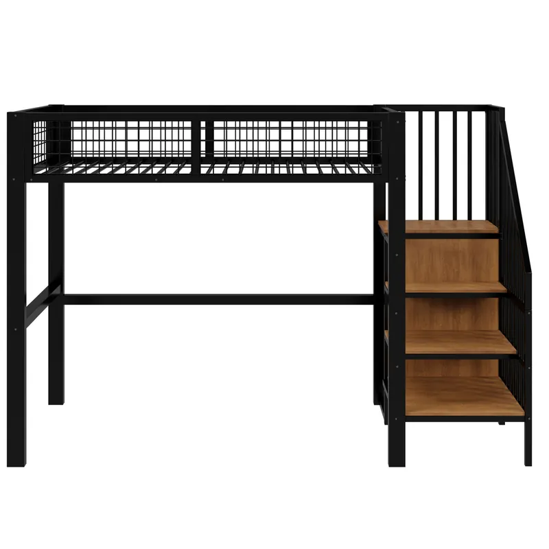 Cama alta 90*200 - con escalera, estructura de metal y estante de almacenamiento, armario - Blanco
