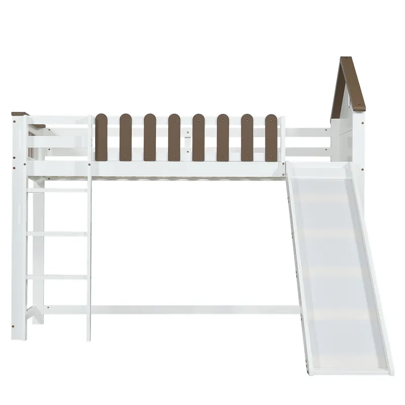 Cama alta 90x200 cm con escalera y tobogán - en madera de pino y MDF - Blanco y Marrón