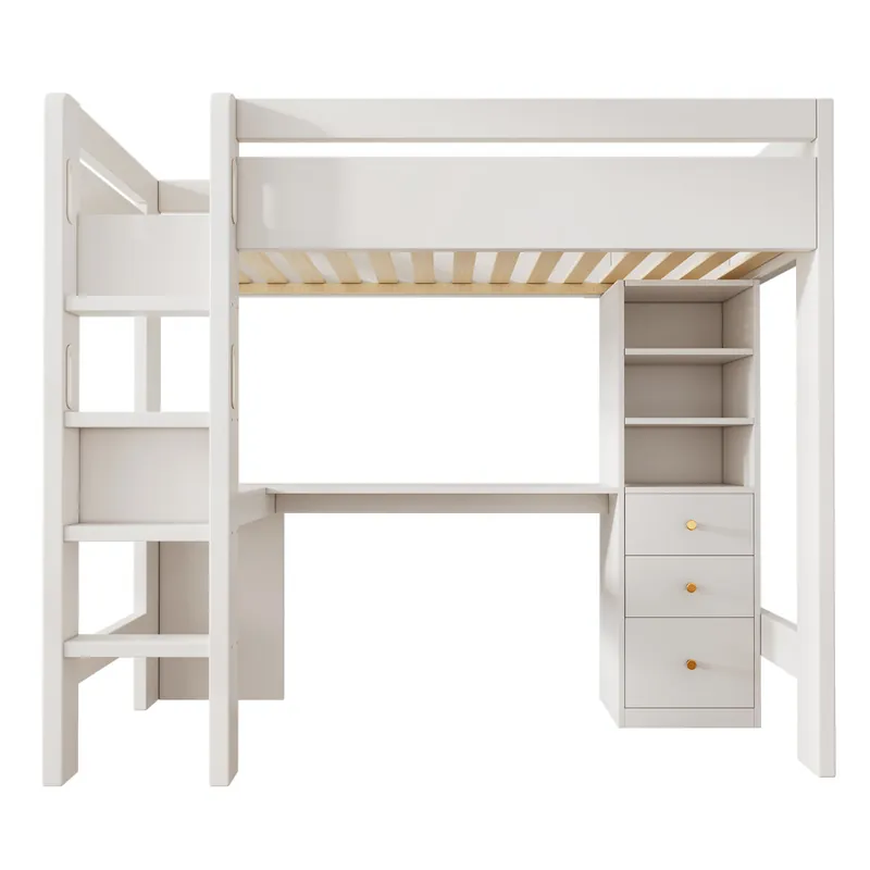 Cama alta 90x200 cm - Con escritorio en L, estantes, cajones y área de carga USB/Type-C - Blanco