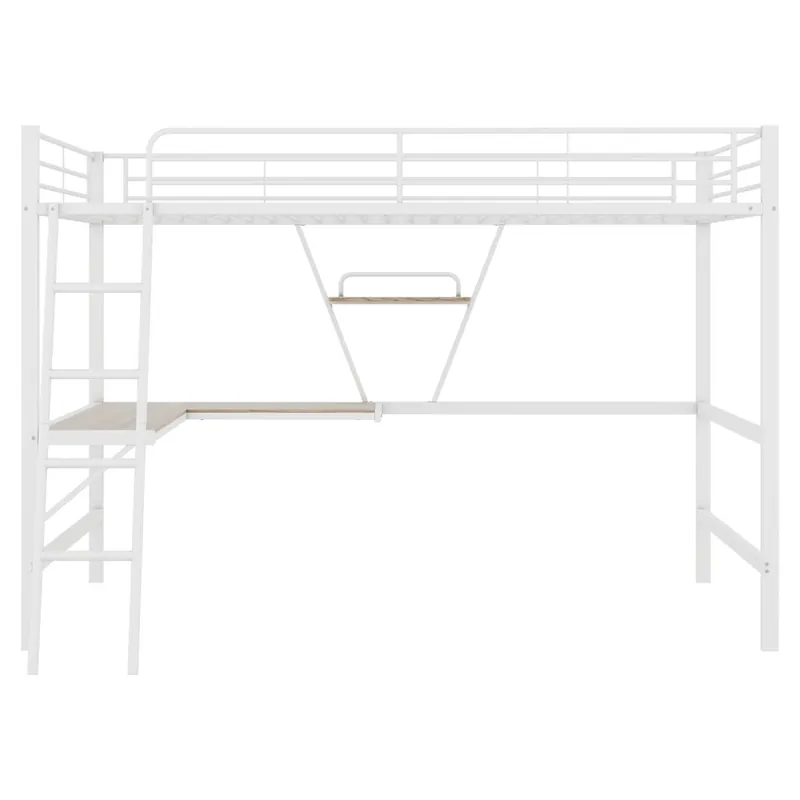 Cama alta 90x200 cm - Estructura metálica, escritorio en L, estantería, sin colchón, blanco