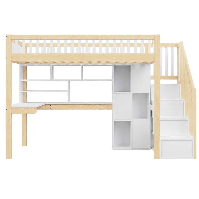 Cama alta 90x200 cm - Con luces LED, estantería, mesa de estudio, sin colchón - Blanco+Natural
