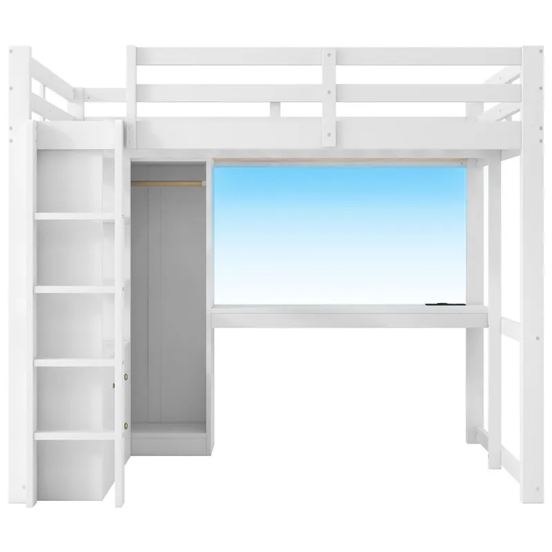 Cama alta 140x200 - 2 cajones, estantes, escritorio inferior, LED y USB - Blanco