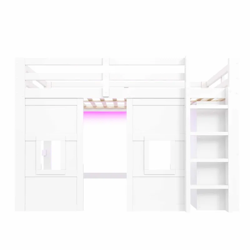 Cama alta de madera 140x200 cm - con armario integrado, 2 ventanas e iluminación LED - blanco